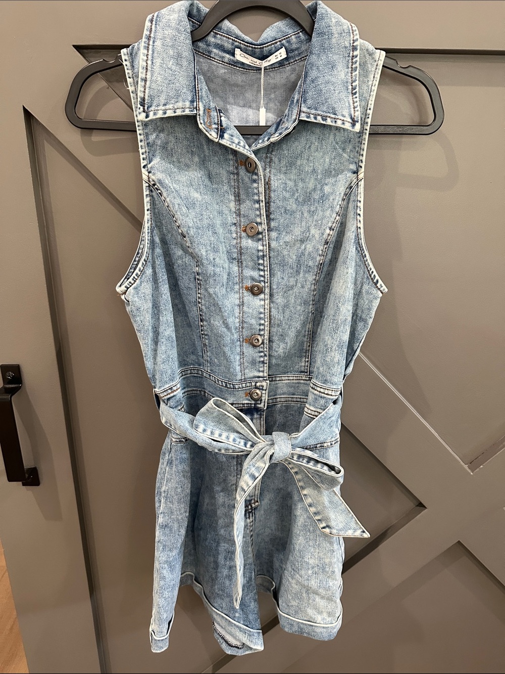 One and Only Collection Sleeveless Light Wash Denim Romper with Tie Waist